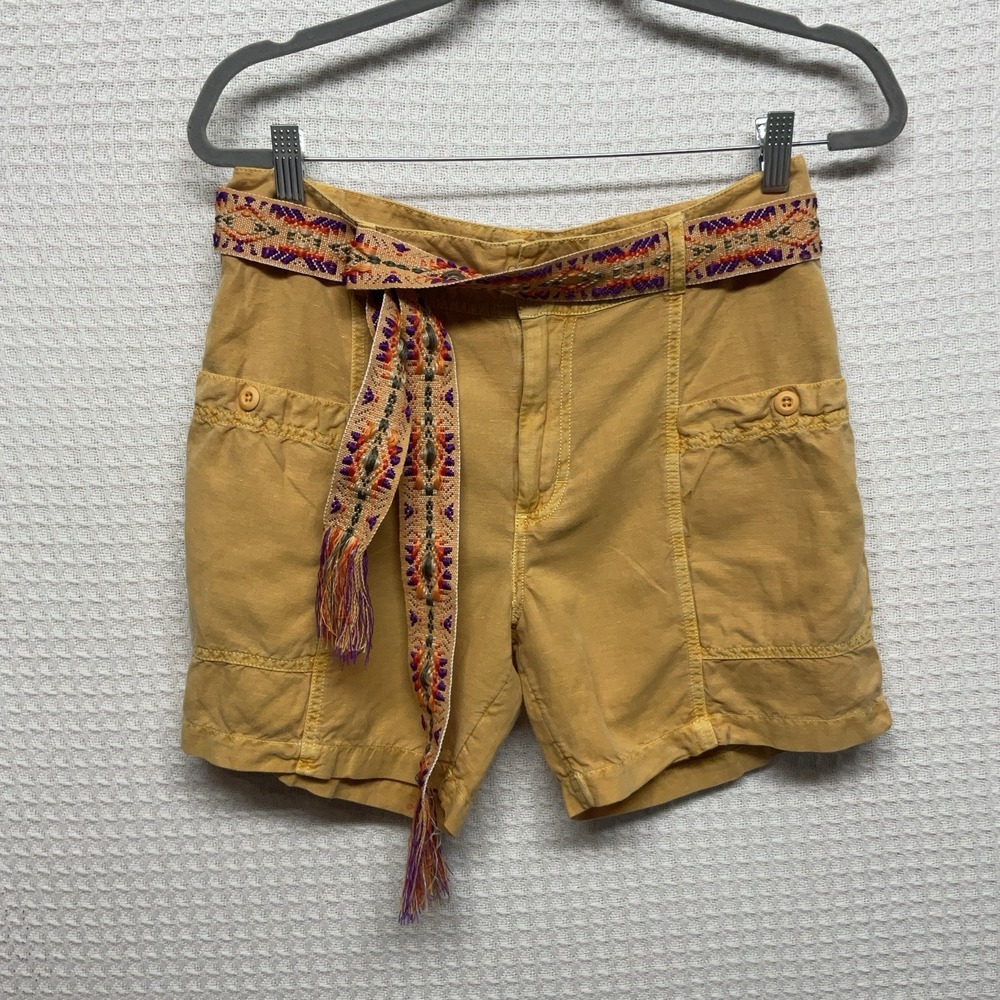 Sundance Shorts Womens XS Mustard Linen Cotton Boho Embroidered Belt Pockets - Picture 3 of 7